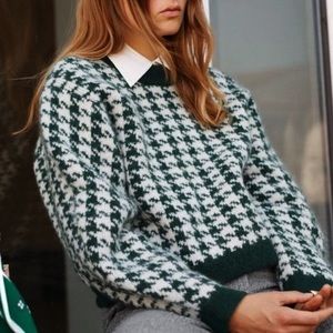 & Other Stories Green Houndstooth Wool Blend Crewneck Sweater L Angora Relaxed